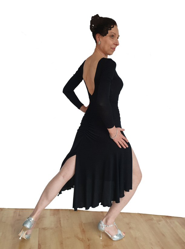 Open back Tango dress with ruching Black sparkle ZEM DancesportUK
